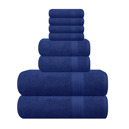 GLAMBURG Ultra Soft Towel Set - 100% Pure Cotton, Quick Dry, 8 Pieces - Navy Blue