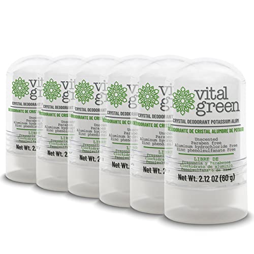 Vital Green Crystal Deodorant - 24-Hour Protection, Aluminum & Paraben Free - 2.12oz / 60g (6 Units)