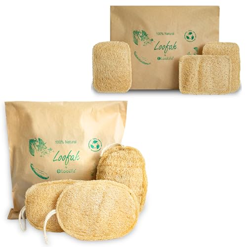 Natural Loofah Sponge Set - Gentle Exfoliation, Biodegradable Dish & Body Cleaners - 6 Pack