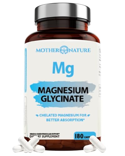 Mother Nature Organics Magnesium Glycinate - Supports Bone & Immune Health, 180 Capsules