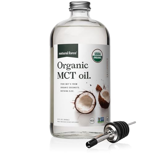 Natural Force Organic MCT Oil - Pure Cold-Pressed Coconut, Keto & Vegan - 32 Ounce Glass Bottle