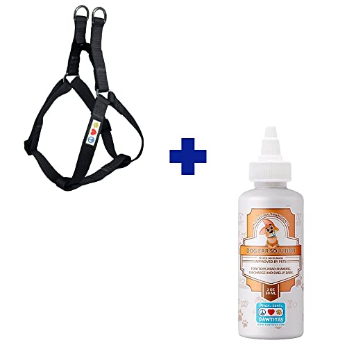 Pawtitas Pet Care Bundle - Durable Black Harness & 100% Natural Ear Cleaner for Small Dogs