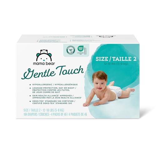 Mama Bear Gentle Touch Diapers - Hypoallergenic, 12-Hour Leak Protection, Size 2, 184 Count