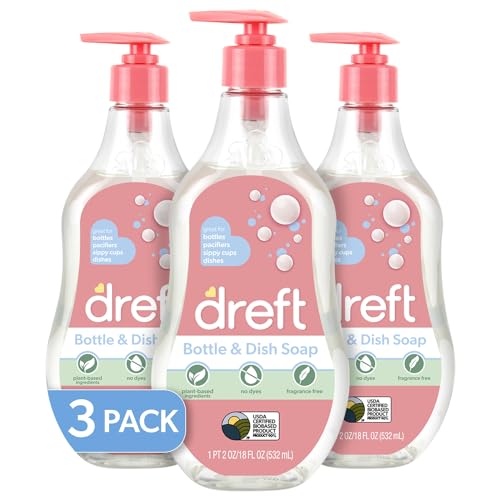 Dreft Dish Soap - Gently Cleans Baby Bottles & Utensils, Plant-Based, Fragrance-Free - 18oz (3 Pack)