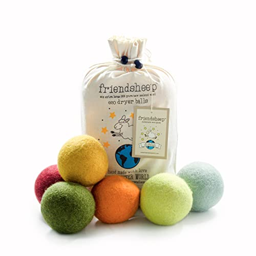 Friendsheep Wool Dryer Balls - Hypoallergenic, Organic, Reusable, Baby Safe - 6 XL Balls