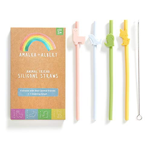 Amalka + Albert Silicone Straws - Safe, Fun Designs for Kids, BPA-Free - 4pcs, 7.8in Long