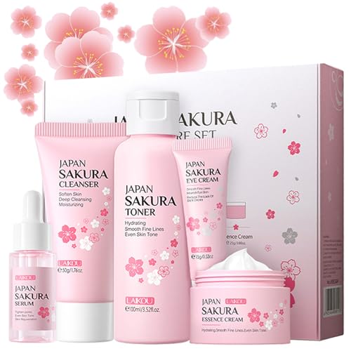 Sakura Skin Care Set - Nourishing Cleanser, Toner, Serum, Eye & Face Creams - 5pcs Travel Kit