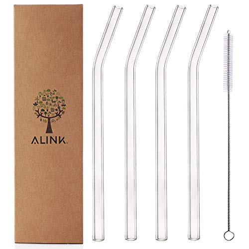 ALINK Glass Drinking Straw Set - BPA & Lead Free, Durable Reusable, Includes Cleaning Brush - 4 Pack