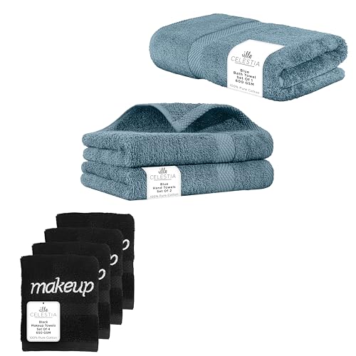 Premium 100% Cotton Towel Set - Soft, Absorbent, OEKO-TEX Certified - 7 Towels in Blue & Black