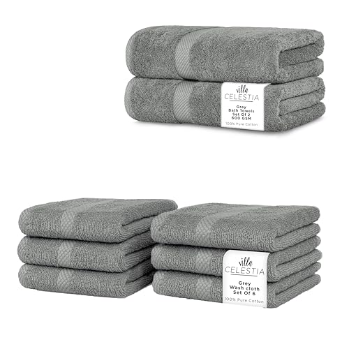 Premium 100% Cotton Towel Bundle - Soft, Absorbent, Quick Dry - 8 Towels in Grey