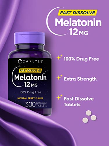 Carlyle Melatonin Sleep Supplement - Fast Dissolve 12mg, Natural Berry Flavor, 300 Tablets