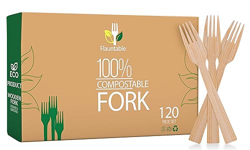 Flauntable Bamboo Forks - Biodegradable, Splinter-Free Comfort, 120 Count - 6.7" Utensils