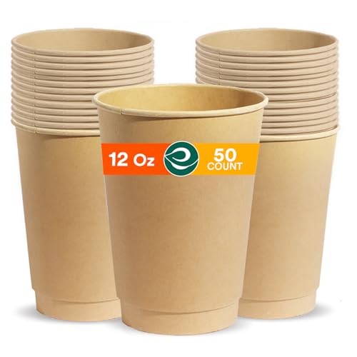 ECO SOUL Compostable Hot Cups - 100% Plant-Based, Certified BPA-Free, Leak-Proof - 50 Count, 12oz