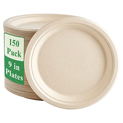 Vplus 150 Pack Paper Plates - Heavy-Duty, 100% Compostable Bagasse, Microwave Safe - 9 inch