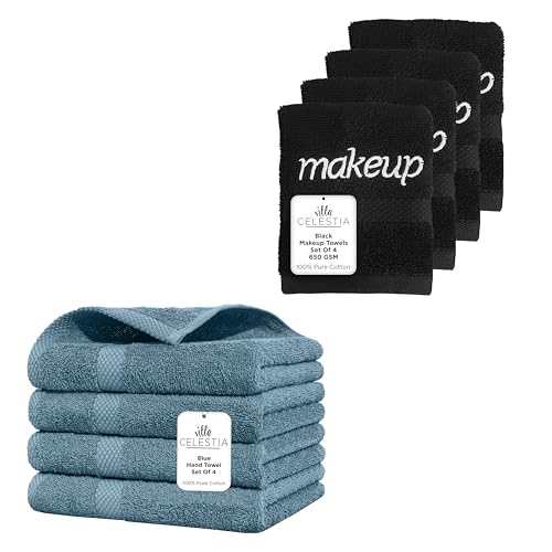 Pure Cotton Towel Set - Ultra Absorbent, Soft & Fast-Drying, Pack of 8 in Blue & Black