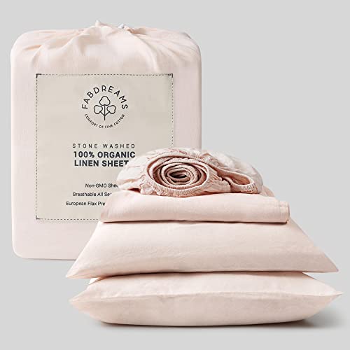 Fabdreams Organic Linen Queen Sheet Set - Soft, Moisture-Wicking, 4-Piece Blush Pink