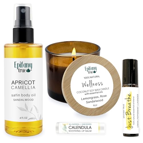 Epifany Self-Care Gift Set - Nourishing Body Oil, Natural Lip Balm, Essential Oil, Candle - 4 Pieces
