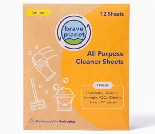 Brave Planet All Purpose Cleaner Sheets - Powerful, Paraben-Free, Fresh Lemon Scent - 12 Sheets