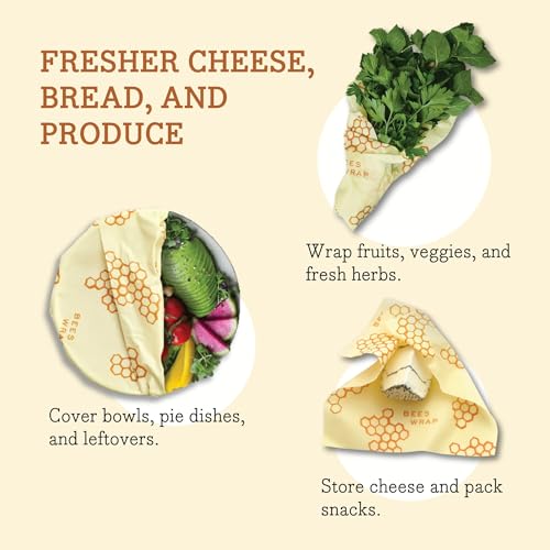 Bee's Wrap Reusable Beeswax Food Wraps - Natural, Non-Toxic, 3 Assorted Sizes for Food Storage