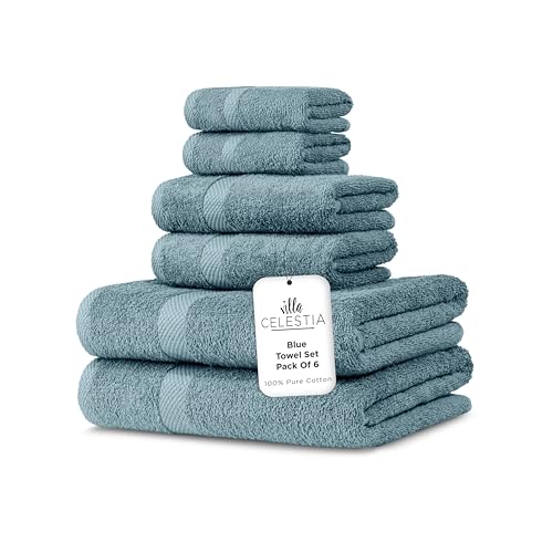 Villa Celestia Towel Set - Soft, Absorbent & Chemical-Free Cotton, 6-Piece Set in Blue