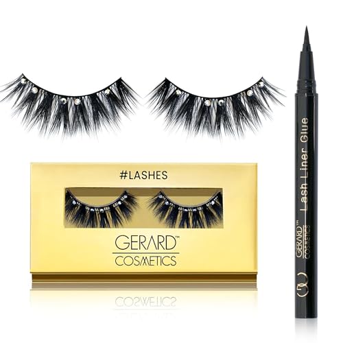 Gerard Cosmetics False Eyelash & Lash Liner Glue Bundle - Curled Rhinestone Lashes, Vegan - 1 Pair