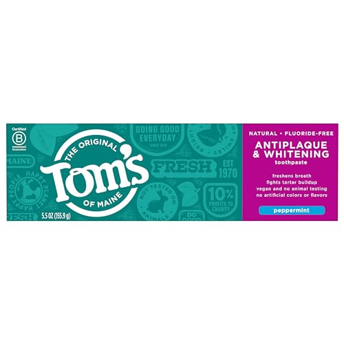 Tom's of Maine Toothpaste - Fluoride-Free Antiplaque & Whitening, Peppermint - 5.5oz (2 Pack)