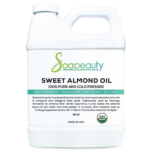 Soapeauty Sweet Almond Oil - 100% Pure, USDA Organic, Nourishing for Skin & Hair - 32 fl oz