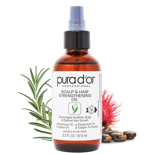 PURA D'OR Hair Oil - Supports Growth, Reduces Breakage, Nourishes Roots - 3.3 Oz, Rosemary & Castor