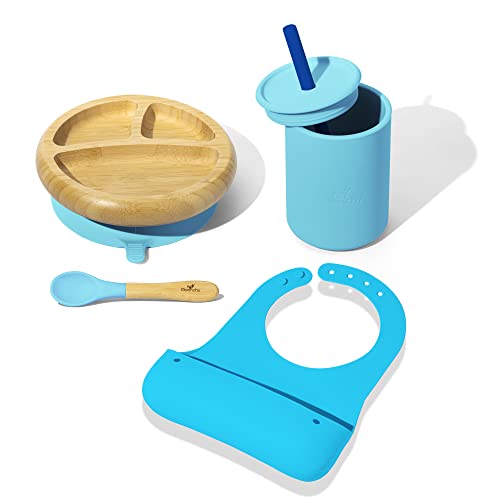 Avanchy Baby Gift Set - Safe Silicone Bibs, Mini Cup with Straw, Suction Bamboo Plate - 3 Pieces