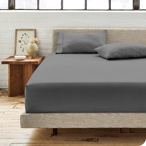 Bare Home Organic Cotton Fitted Sheet - Crisp Percale, OEKO-TEX & GOTS Certified - Full, Grey