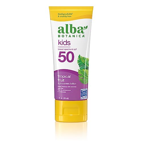 Alba Botanica Kids Sunscreen - Broad Spectrum SPF 50, Water Resistant, Tropical Fruit - 3 fl oz