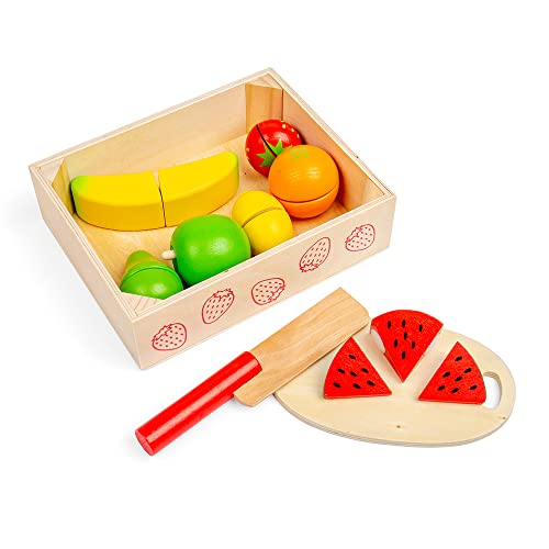 Bigjigs Toys Cutting Fruits Crate - Educational Role Play, Safe Wooden Set - 7 Pieces