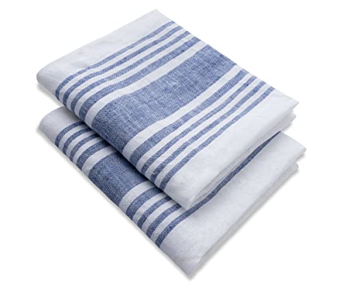 All Cotton and Linen Kitchen Towels Set - 100% Pure Linen, Durable & Absorbent - 2 Pack, Blue Stripe