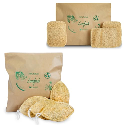 Natural Loofah Sponge Set - Gentle Exfoliation, Biodegradable and Compostable - 4 Body, 3 Kitchen