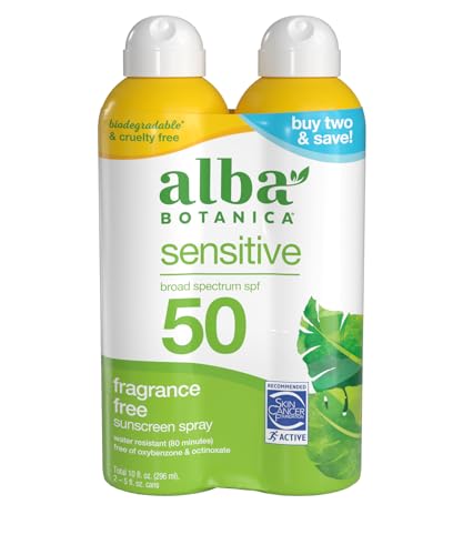 Alba Botanica Sensitive Sunscreen Spray - SPF 50, Fragrance-Free, Water-Resistant - 5 fl oz (2 Pack)