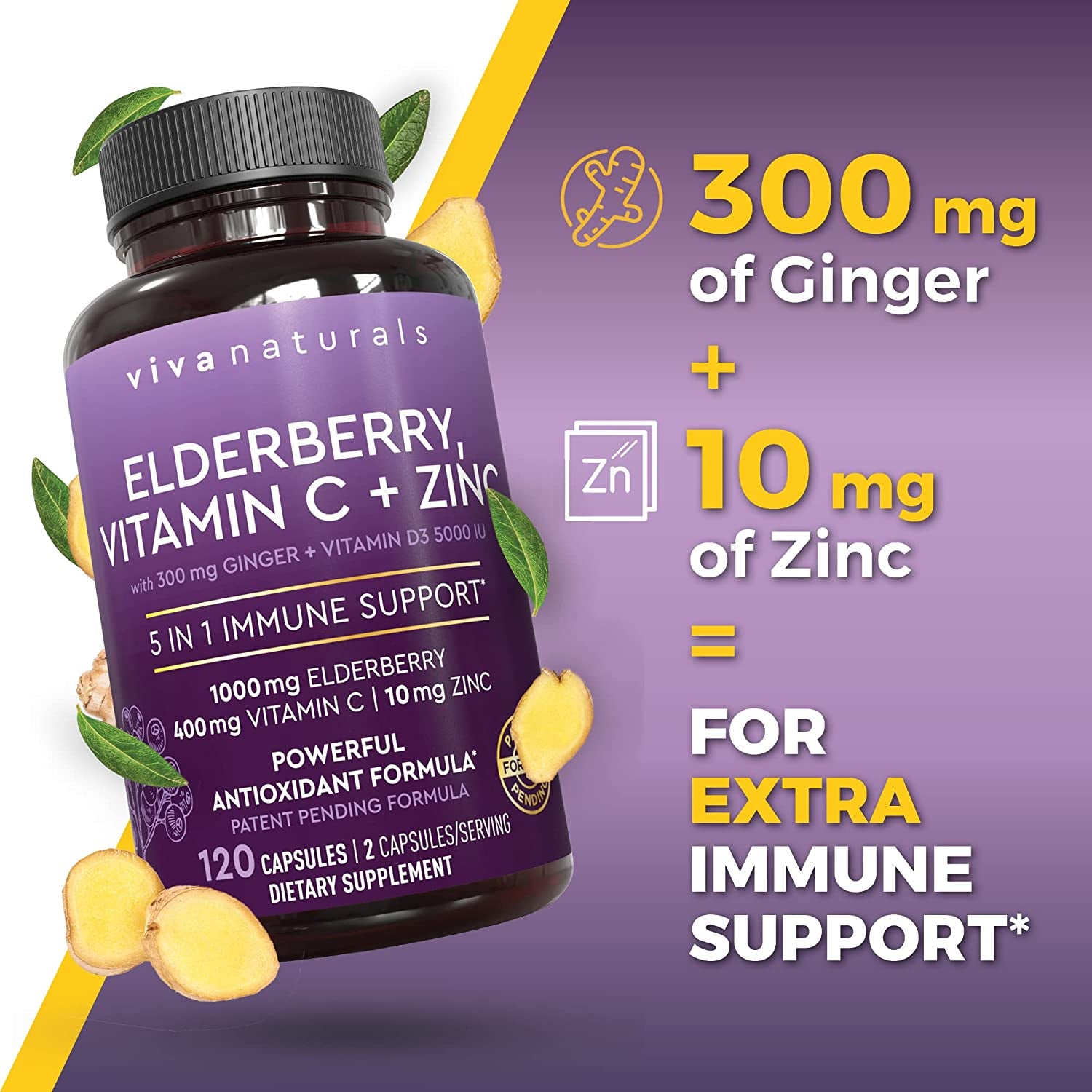 Elderberry with Vitamin C and Zinc for Adults - 5 in 1 Sambucus Black Elderberry Capsules with Vitamin D3 5000 IU, Elderberries Immune Support Supplement 2 Months Supply Pills