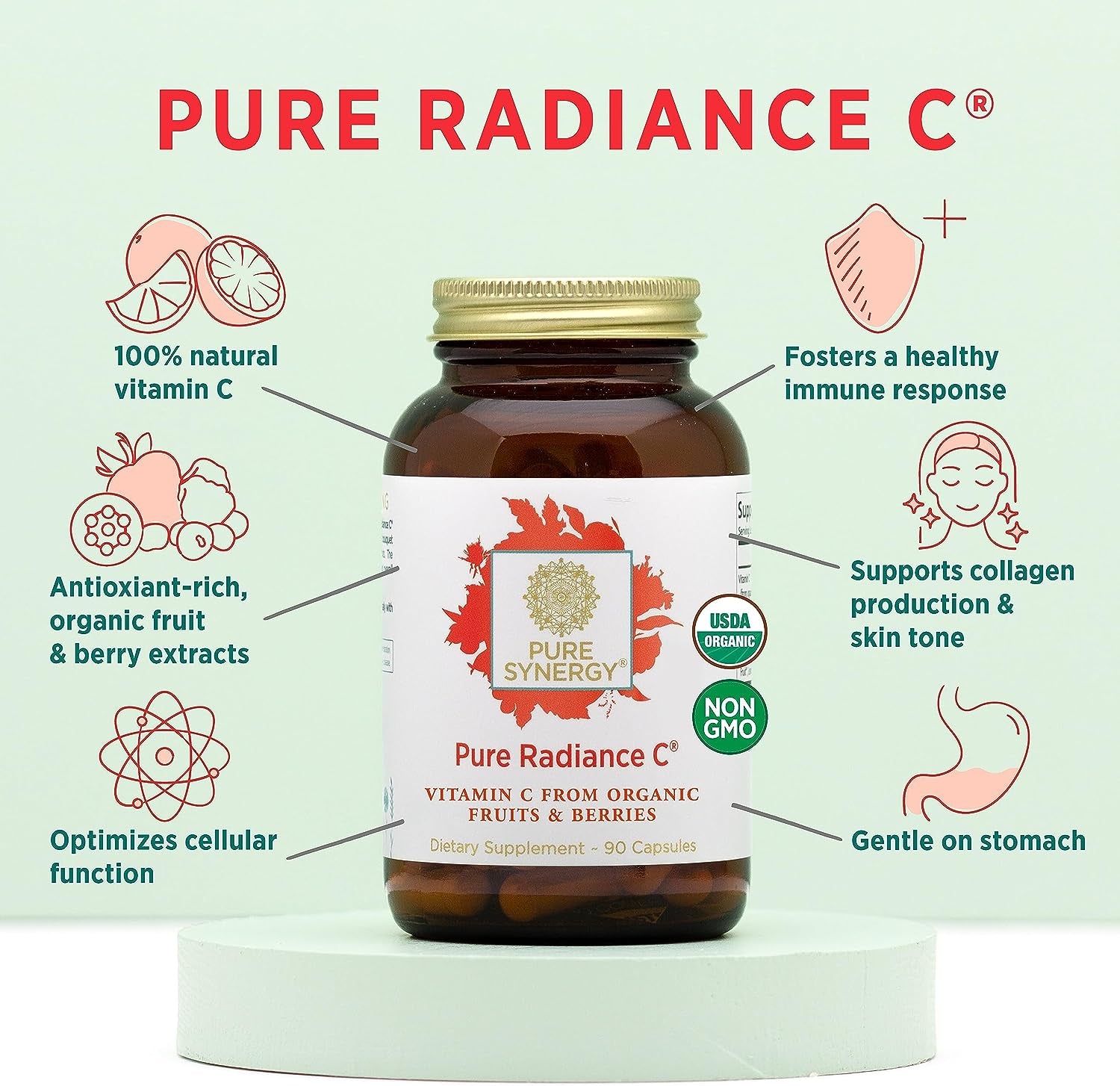 Pure Radiance C | Organic Vitamin C Capsules | 100% Natural, Whole Food, Non-Gmo Supplement with Camu Camu Extract | for Immune and Collagen Support (90 Capsules)