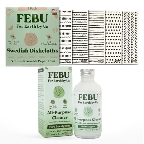 FEBU Cleaning Essentials Set - Powerful Plant-Based Cleaner, 5 Absorbent Swedish Towels - 4oz