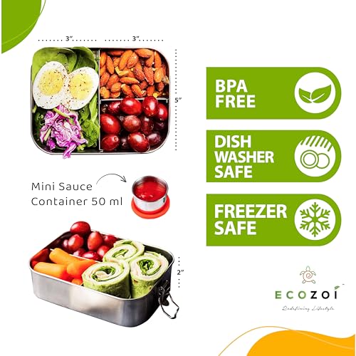 ecozoi Stainless Steel Lunch Box - Leak Proof, 3 Compartments, BPA Free, 24oz with Sauce Container