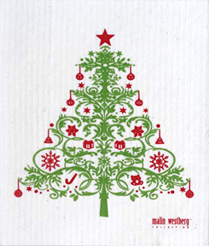 Swedish Dish Cloth - Super Absorbent, Biodegradable, Reusable, Holiday Tree Design - 6.75" x 8"