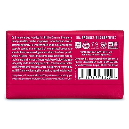 Dr. Bronner's Pure-Castile Bar Soap - Moisturizing, Organic Oils, Vegan - Rose, 5oz