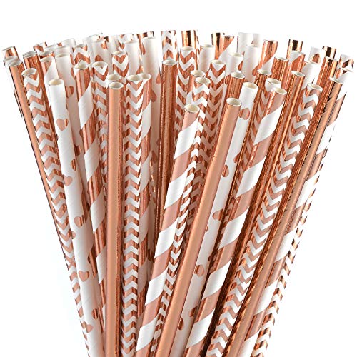 ALINK Drinking Straw & Stirrer Set - Biodegradable, Sturdy, Rose Gold Designs - 100 Pack