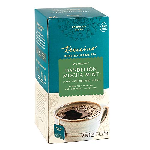 Teeccino Dandelion Mocha Mint Tea - Caffeine Free, Prebiotics for Gut Health - 25 Tea Bags