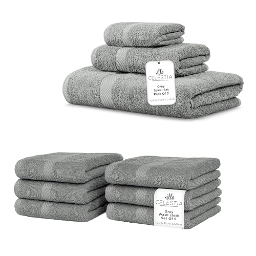 Plush 100% Cotton Towel Set - Super Absorbent, Soft, Chemical-Free - 9-Piece Grey Bundle