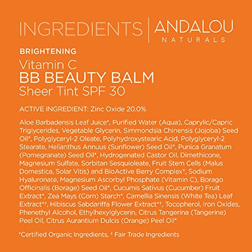 Andalou Naturals BB Cream - Sheer Tint, SPF 30 Protection, Vegan & Non-GMO - 2 Fl Oz