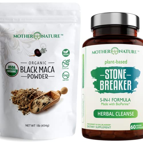 Mother Nature Organics Black Maca Root Powder & Chanca Piedra Capsules - Energy, Wellness - 8oz