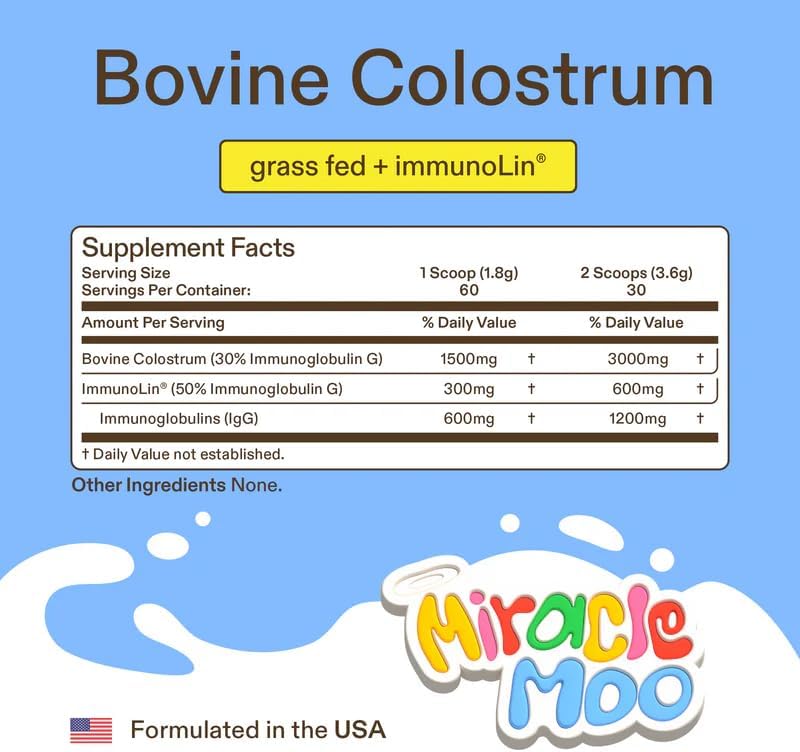 MIRACLE MOO Colostrum Supplement - Immune, Gut, Hair Support, Grass Fed, Unflavored - 60 Servings