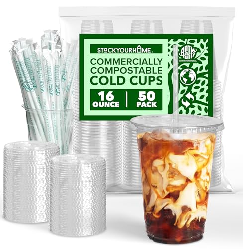 Stock Your Home Compostable Cold Cups - 16oz, Plant-Based, BPA-Free, Set of 50 with Lids & Straws