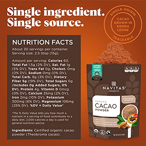 Navitas Organics Cacao Powder - Rich Chocolate Flavor, Organic, Fair Trade, Non-GMO - 32oz