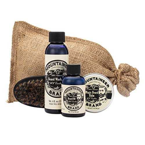 Mountaineer Brand Beard Grooming Kit - Nourishing Oil, Balm, Wash & Brush - WV Timber Scent, 8oz